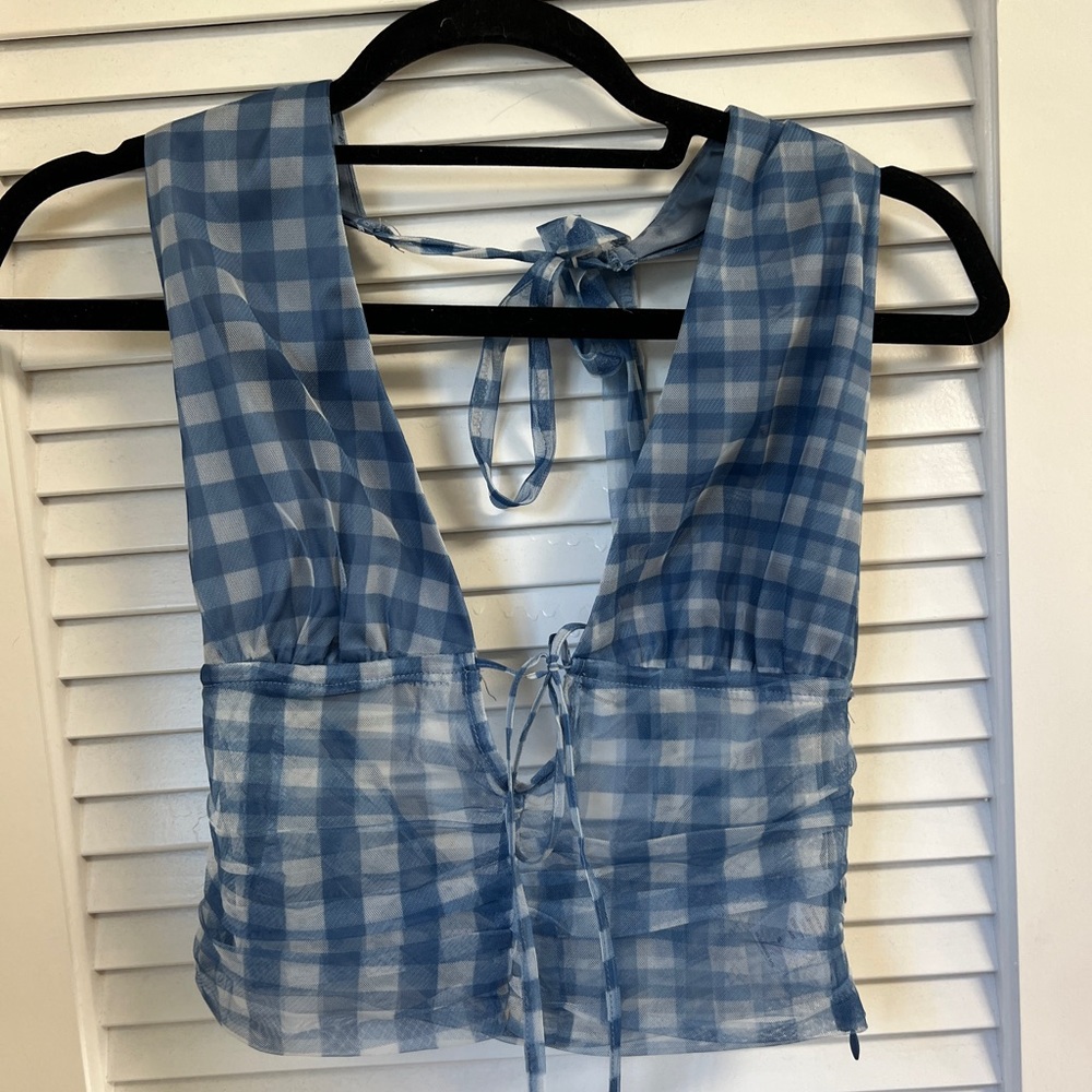 Blue and white halter crop top